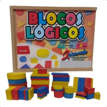 Imagem de Blocos Lógicos 48 Peças em Madeira Jogo Brinquedo Pedagógico Educativo Classificação de Formas