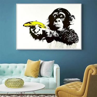 Imagem de Arte de Banksy Macaco segurando uma arma de banana Pôster impresso em tela pintura abstrata desenho animado arte de parede pictrue para sala de estar decoração de casa sem moldura 30 × 40 cm