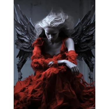 Imagem de HMDIIMGE Red Fallen Angel 5D Diamond Art Painting for Adults Full Drill Round Diamond Paint by Number Kits para iniciantes Gems ponto cruz para decoração de parede 30 x 40 cm