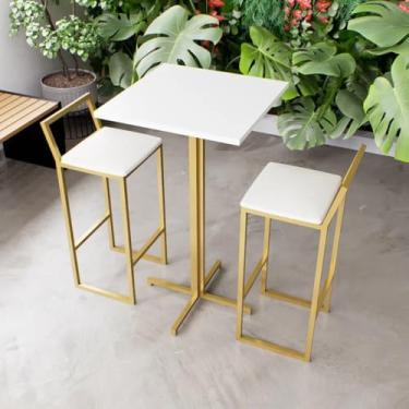 Imagem de Jogo Mesa Alta Bistrô Quadrada Branca 2 Banquetas Estofado Confort Industrial Dourado