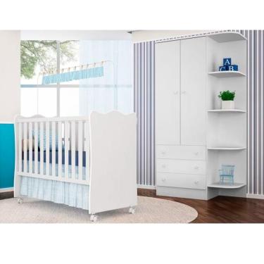 Imagem de Jogo Quarto Infantil Guarda Roupa E Berço Simples Certificado Pelo Inmetro Doce Sonho Branco - Qmovi