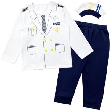 Imagem de Pezhiqun Conjunto de fantasia para crianças, meninos, meninas, festa de Halloween, capitão, cosplay, cruzeiro náutico, roupa infantil, camisa, calça e chapéu, manga comprida, branco, 2T