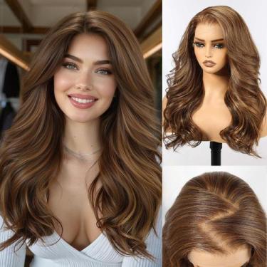 Imagem de Peruca frontal de renda sintética HAIRCUBE 13x6 HD 60cm marrom misto