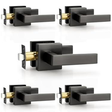 Imagem de Probrico Maçanetas de porta de passagem quadrada em preto metálico, cinza resistente, sem bloqueio, pacote com 5 alavancas de corredor de armário