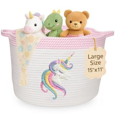 Imagem de Cesta de armazenamento de unicórnio para berçário – Caixa grande de corda de algodão de 38 cm x 28 cm com patch de feltro macio para animais – Organizador de brinquedos, cesto de roupa suja para bebê