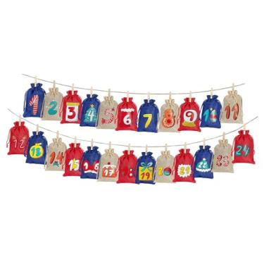 Imagem de oshhni 24x Sacos de calendário de advento de Natal, bolsa de doces, decorações de feriado, decoração de casa, bolsa de estopa, sacos de presente com cordão, Linho Azul Vermelho