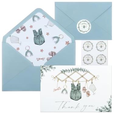 Imagem de Draupnir Pacote com 50 cartões de agradecimento para chá de bebê com envelopes e adesivos, cartão de pano verde para meninas, cartões de felicitações em branco para presentes de aniversário, festa de