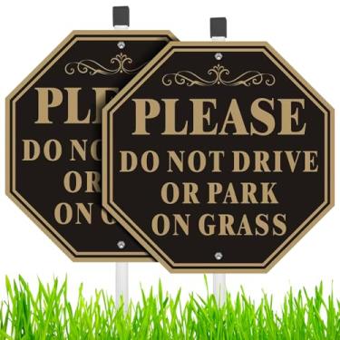 Imagem de MUXYH (Pacote com 2) Não dirija ou estacione na grama, placas de metal de alumínio resistentes sem ferrugem de 25 x 25 cm com estacas de metal de 71 cm, sem estacionamento na grama, resistente ao