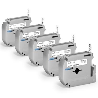Imagem de Pacote com 5 fitas de etiqueta M-K231 compatíveis com Brother P Touch M Tape M-K231S M231 MK231 M-231 12 mm 0,47 polegadas para Brother PTouch PT-M95 PT-65 PT-80 PT-70 PT-45 PT-90 etiquetadoras, preto