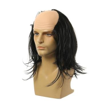 Imagem de Colaxi Velho homem careca peruca boné halloween cosplay circunferência da cabeça 58 60 60cm traje festa peruca calvície cientistas loucos peruca para namoro, cabelo preto liso