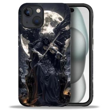 Imagem de WANKBLC Capa fosca compatível com iPhone 15 para meninas e meninos, design de corpo inteiro, silicone macio, proteção contra arranhões, padrão maluco, preto, Grim Reaper, violino, asas e lua