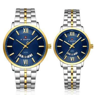 Imagem de Relogio De Pulso Conjunto Casal Em Aço Inoxidável De Quartzo Design Casual Impermeavel 3atm Azul Dourado