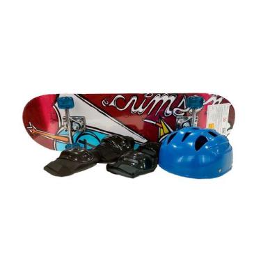 Imagem de Skate Infantil Menino Iniciante + Kit de Proteção Azul - Fenix Brinque