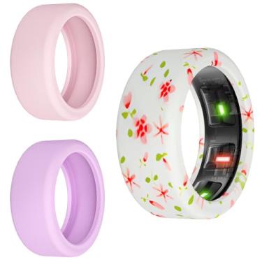 Imagem de Protetor de silicone compatível com RingConn Gen 2/2 air/ 1, Oura Ring Gen 4/3, capa elástica para malhar (P, roxo + rosa + folha de flor)