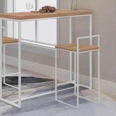 Imagem de Kit 1 Banqueta Lino + 1 Mesa Bancada Aparador Mavie 150cm Industrial Ferro Branco 100% mdf Demolição - Ahazzo Móveis