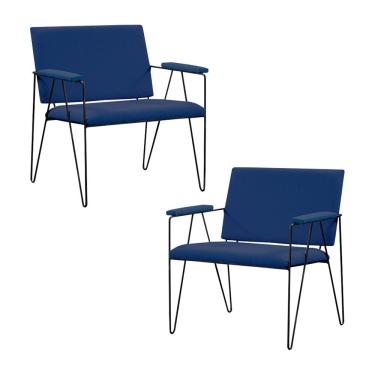 Imagem de Kit 2 Poltronas Decorativas Base Em Aço Preto Eslovenia Linho Azul Marinho - Gran Belo