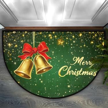 Imagem de Tapete de porta redondo macio antiderrapante de Natal, Feliz Natal, sinos, flocos de neve, semicírculo, para entrada interna, garagem, banheiro, sala de estar, pátio, 61 x 91 cm
