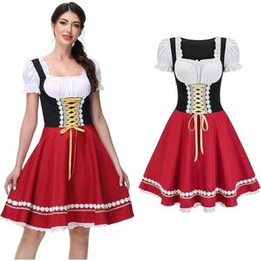 Imagem de Regenboog Fantasia feminina Oktoberfest, vestido Dirndl bávaro para mulheres, vestido Dirndl de Halloween, roupa de empregada de cerveja, Vermelho, longo, X-Large