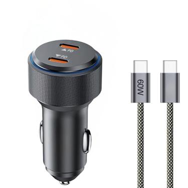 Imagem de Carregador Veicular 60W Turbo com Cabo USB-C – Duas Entradas USB-C, Carregamento Ultra Rápido, Compatibilidade Universal, Proteção Inteligente e LED Indicador para Celulares e Tablets