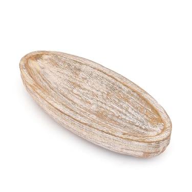 Imagem de Hanol Tigela decorativa de madeira de manga – tigela oval caiada de branco bandeja de centro de fazenda rústica para mesa de café, jantar ou decoração de cozinha (35,5 x 15,2 cm x 5,8 cm)