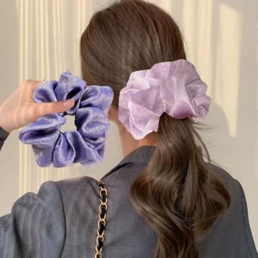 Imagem de Pacote com 2 laços de cabelo decorativos grandes com glitter, elásticos de cetim para mulheres, macios que seda para cabelo, gravatas modernas e faixas para penteados grossos (roxo, roxo escuro)