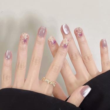 Imagem de Kit de unhas de pressão quadrado curto roxo claro cola falsa conjunto de unhas com design de flor simples cobertura completa bastão falso artificial em unha de acrílico para mulheres 30 peças