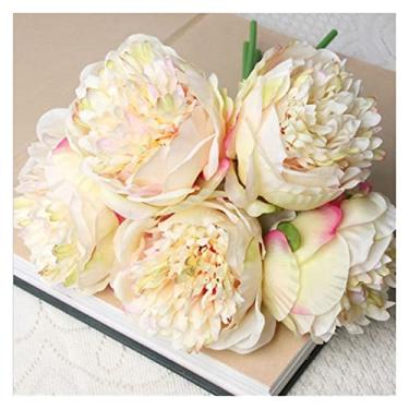 Imagem de YWangQiang 5 Peças Peônia Grande Flores de Seda Artificial Decoração Buquê de Casamento Peônia Branca Exibição Doméstica Flores Falsas Peônia Rosa para Sala de Estar (Cor (H)
