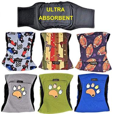Imagem de FunnyDogClothes Pacote com 3 ou 6 fraldas masculinas para cães – Camadas de almofadas absorventes à prova d'água à prova de vazamento para umbigo, lavávelFunnyDogClothes XL: Waist 20" - 26"