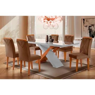 Imagem de Sala De Jantar Completa Imperatriz Tampo Madeirado C- Vidro Curvo 180x90 E 6 Cadeiras Amsterdã Imbuia-veludo Capuccino - Rufato