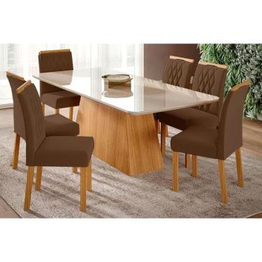 Imagem de Sala De Jantar Completa Helena C- Tampo Madeirado C- Vidro 210x100cm E 6 Cadeiras Juliana Madeirado-suede Joli Capuccino - Cimol