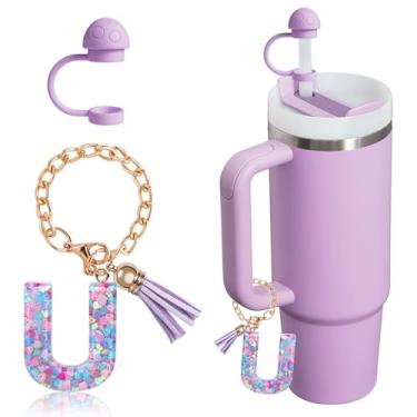 Imagem de HaimiLiya Capa de canudo com corrente de copo com letra inicial para acessórios Stanley Cup, tampa de palha de 10 mm, pingente de copo fofo, roxo