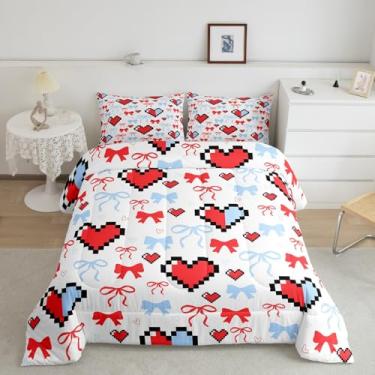Imagem de Feelyou Conjunto de edredom casal com laço de desenho animado, rosa, borboleta, nó de princesa, coração de princesa, para crianças, com laço de aquarela, patchwork, edredom vermelho e branco
