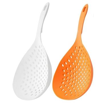 Imagem de bepisof 2 colheres grandes de filtro de água e coadores de alimentos escorredor de plástico com alça de utensílios de cozinha resistentes ao calor para cozinhar/assar na cozinha (laranja e branco)