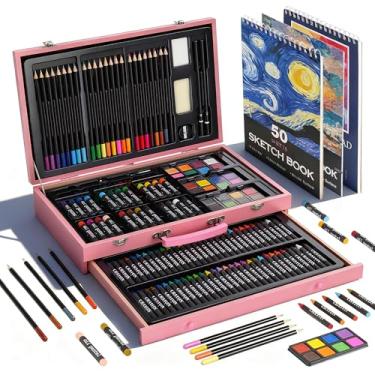 Imagem de GOTIDEAL Conjunto de arte de luxo de 143 peças com 3 blocos de desenho, tintas acrílicas, giz de cera, lápis de cor, conjunto de tinta em caixa de madeira, kit de arte profissional, suprimentos de