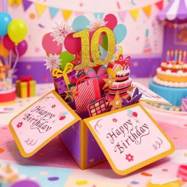 Imagem de 1 cartão pop-up divertido de feliz aniversário, caixa de presente de aniversário 3D doce com envelope para adultos, cartão de celebração dobrável exclusivo feito à mão para família e amigos (rosa, 10º
