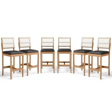 Imagem de Kit Com 6 Banquetas Milena Madeira Maciça Assento Estofado Encosto De Tela Sintética Courino Preto 503