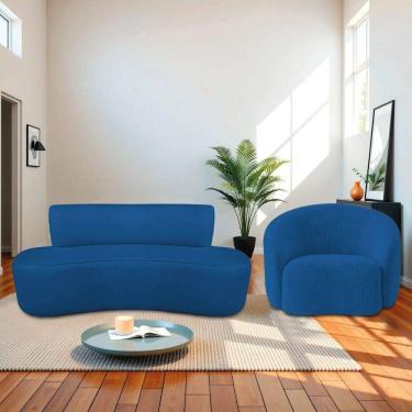 Imagem de Kit Recamier Curvo Amsterdã 160cm E Poltrona Amore Luxo Linho Cor Azul Royal