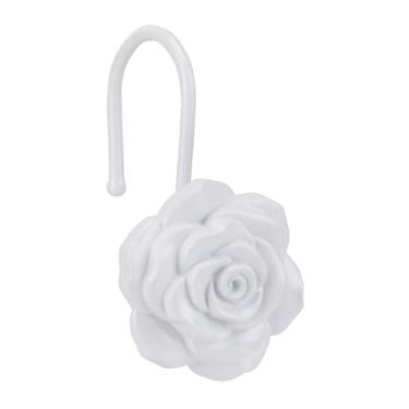 Imagem de Ganchos de cortina de chuveiro rosa de metal, ganchos resistentes à ferrugem para varões de cortina de chuveiro, conjunto de 12, flores de rosa de banheiro, design resistente, linda decoração floral