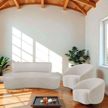 Imagem de Kit Recamier Curvo Amsterdã 140cm E 2 Poltronas Amore Luxo Linho Cor Bege