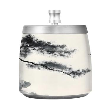 Imagem de JUZIHAI Cinzeiro de ameixa de pinheiro e dois guindastes com tampa, bandeja de cinzeiro de aço inoxidável inodoro à prova de vento cinzeiro sem fumaça para escritório em casa, pátio, varanda, fumar