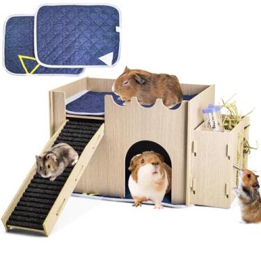 Imagem de kathson Castelo de porquinho-da-índia de madeira, esconderijo de coelho pequeno com rampa alimentadora de água e feno, casa de hamster de madeira fácil de montar para coelhos pequenos animais coelhos