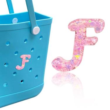 Imagem de HLUWA Berloques de letras para bolsa Bogg, alfabeto itálico rosa lantejoulas acessórios para Bogg e Simply Southern Bag, pingente de letras decorativas para bolsa de praia (F)
