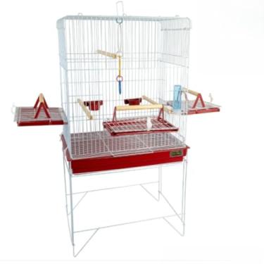 Imagem de Gaiola grande para papagaio e calopsita com espaço amplo, bandeja removível, comedouros e poleiros, ideal para aves mansas que precisam de um viveiro seguro e confortável (Vermelho)