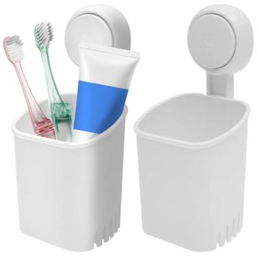 Imagem de Pacote com 2 suportes de escova de dentes com ventosa, suporte de chuveiro de parede sem broca para escova de dentes, pasta de dente, navalha, suportes de barbear de chuveiro autodrenantes, retenção