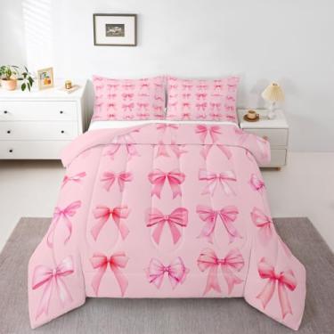 Imagem de Feelyou Conjunto de edredom com laço rosa, solteiro, com laço fofo, para crianças, meninos, meninas, princesa, sonhadora, edredom de microfibra, 2 peças com 1 fronha