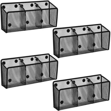 Imagem de WERADNISH 4 porta-canetas magnéticas, 26 x 9 x 12 cm, acessórios de armário, suporte magnético forte de metal, para quadro branco, geladeira, casa, escola, escritório, 3 compartimentos, cesta preta