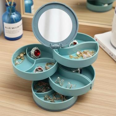 Imagem de Organizador giratório de joias com espelho, caixa de armazenamento de joias de mesa de 4 camadas, caixa giratória para cômoda, uso de brincos, azul