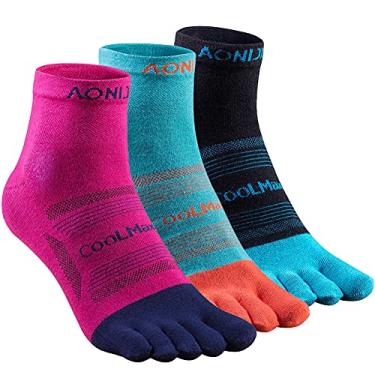 Imagem de AONIJIE 3 pares de meias de dedo do pé para homens e mulheres de alto desempenho para corrida atlética de cinco dedos, E4802# 3 pares/preto, azul lago, vermelho rosa, P