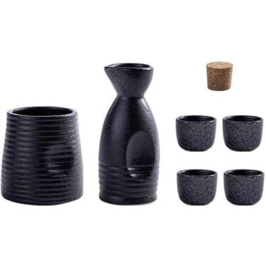 Imagem de Conjunto de saquê japonês garrafa de saquê de cerâmica copos e aquecedor de saquê para casa ou restaurante, 1 pote 4 copos 1 aquecedor (preto)