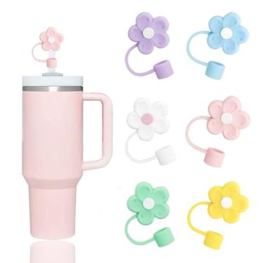 Imagem de YAYAYOUNG 6 peças de capas de palha de flores fofas compatíveis com copos Stanley de 30 e 1,134 g, protetores de tampas de pontas de canudos de silicone reutilizáveis para acessórios de copos Stanleys